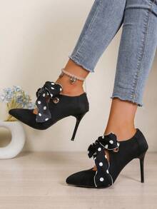 Fashion Women's High Heels, Polka Dot Ribbon Lace-Up, Pointed Toe Stiletto Heels, Suitable For Party, Date, Office - Black - View 6