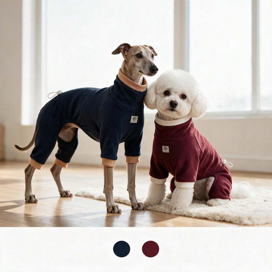 1 buah Jumpsuit Anjing, Pakaian Anjing Minimalis dengan Warna Kontras, Leher Tinggi, Jumpsuit Rumahan Anjing dengan Tali Serut yang Dapat Diatur, Cocok untuk Anjing Kecil/Sedang, Anak Anjing, Kucing, untuk Penggunaan di Luar dan Dalam Ruangan di Cuaca Dingin Musim Gugur/Musim Dingin - Burgundy - View 1