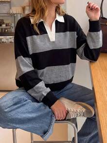 Just Masa Women's Fall Casual Colorblock POLO Collar Sweater Pullover,Long Sleeve Loose Preppy Simple Basic Rib-Knit Top,For Halloween,Christmas,Daily - Black and Gray Stripes - View 8