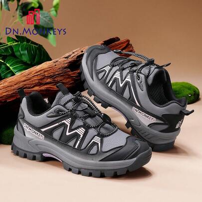 Women's Outdoor Colorblock Sports Casual Shoes, Contrast Line Round Toe Low-Top Lace-Up Thick Sole Hiking Shoes, Light Outdoor Style, Autumn Black Pink, Grey Purple Casual Sports Shoes