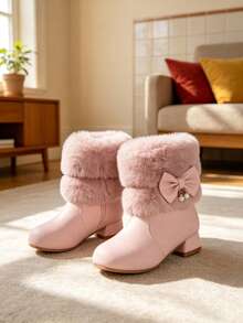 Girls' Pink Sweet Princess Playful Party Style Anti-Freeze Warm Easy On/Off Pearl Bow Versatile Low Heel Casual Kids Boots - Pink - View 4