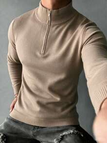 Men's Spring/Autumn Casual Fashion Versatile Fine Knit Half-Zip Polo Shirt - Camel - View 1