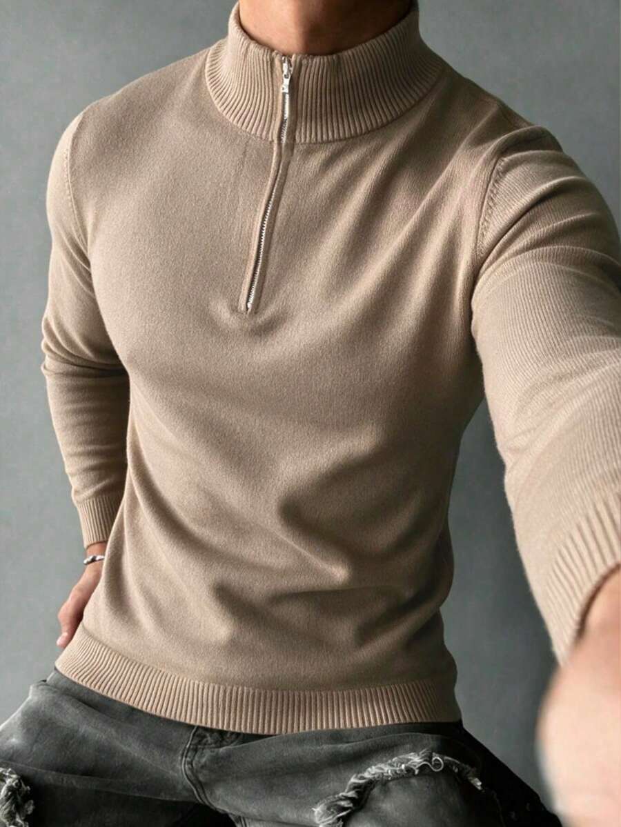 Men's Spring/Autumn Casual Fashion Versatile Fine Knit Half-Zip Polo Shirt - Camel - View 1