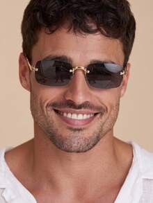 1 Pair Men's Rectangular Rimless Lightweight Luxury Metal Thin Frame Retro Fashion Glasses - Black and Gray - View 1