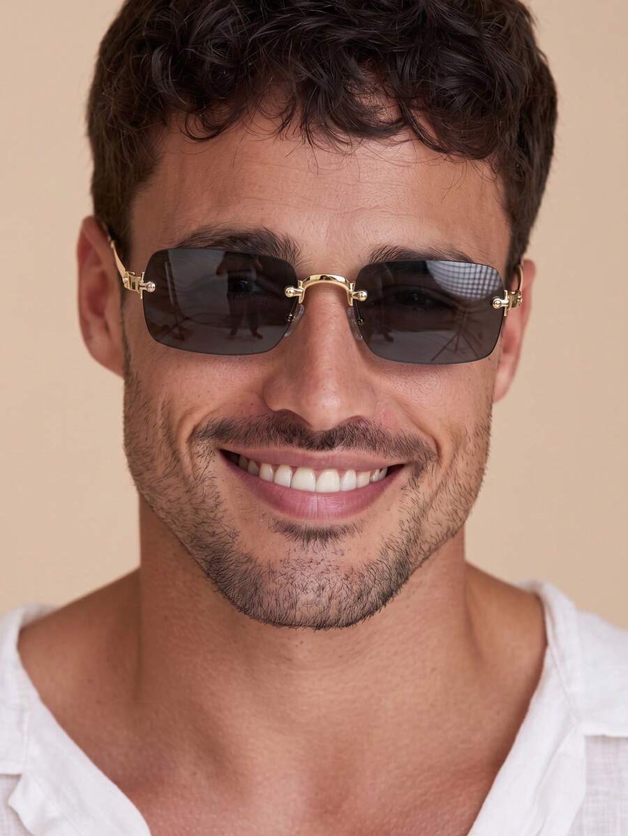 1 Pair Men's Rectangular Rimless Lightweight Luxury Metal Thin Frame Retro Fashion Glasses - Black and Gray - View 1
