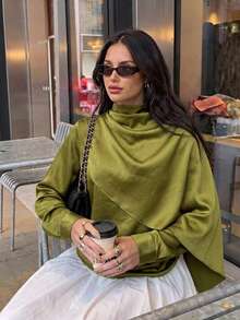 Women's Spring/Autumn Luxury Elegant Stand Collar Shawl-Style Satin Top, Asymmetrical Drape Wrap Stand Collar Design, Fluid Slimming Fit For Afternoon Tea, Commute And Travel - Green - View 1