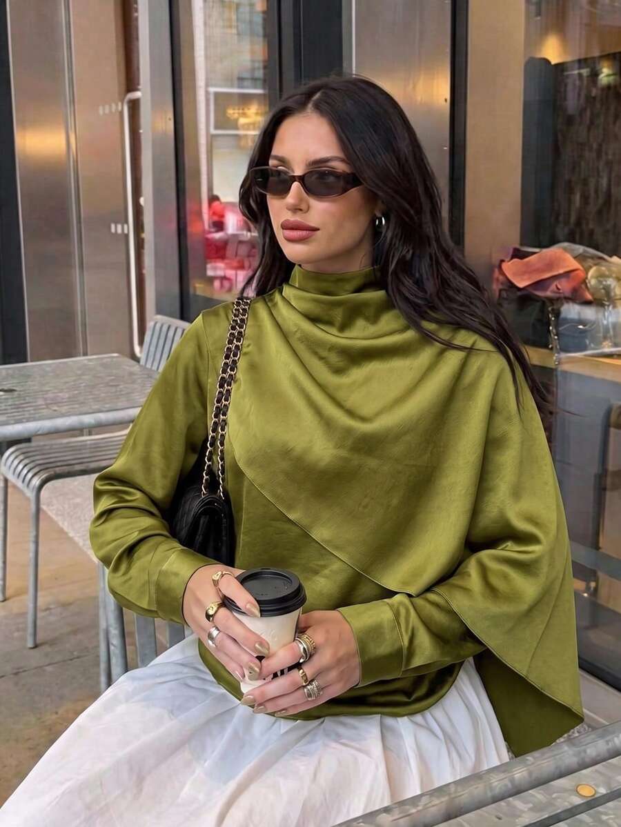 Women's Spring/Autumn Luxury Elegant Stand Collar Shawl-Style Satin Top, Asymmetrical Drape Wrap Stand Collar Design, Fluid Slimming Fit For Afternoon Tea, Commute And Travel - Green - View 1