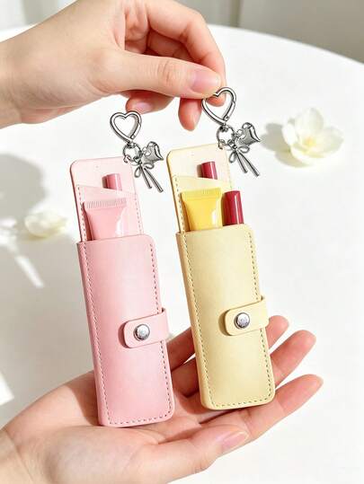 Lipstick Case Heart-Shaped Snap Closure Lipstick Leather Sleeve, Portable Lip Gloss Lipstick Storage Pouch, With Mirror Snap Button PU Lipstick Protective Bag, Can Be Hung On Bag Keychain For On-The-Go Makeup Storage, Suitable For Young Girls Students Commuting Travel, Valentine's Day Best Friend Birthday Gift, Shopping Travel Touch-Up, Lipstick Storage Bag, Mini Makeup Set, Makeup Storage Pendant, Simple Multi-Color Portable Lipstick Storage Bag