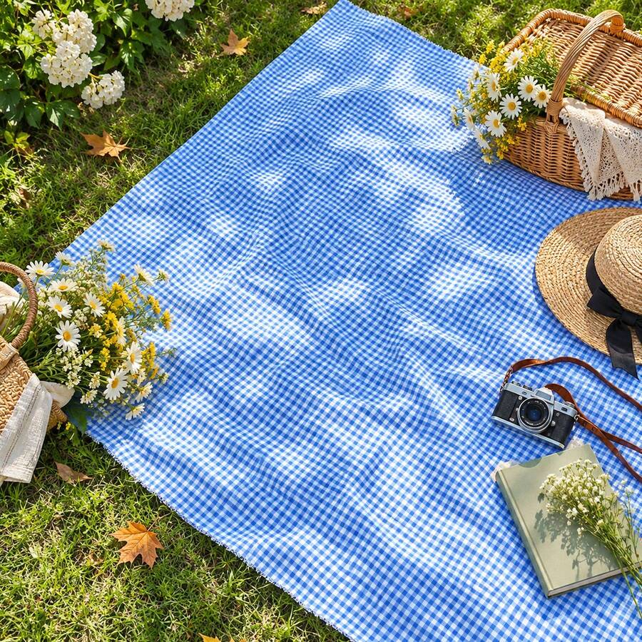 Blue & White Plaid Picnic Mat, Outdoor Cream Style Waterproof Camping Mat, Portable Foldable Grass Pad For Outings - Blue Plaid - View 1