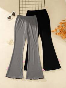 2pcs/Set Girls' Casual Everyday Outing Fashion Solid Color Bow Decor Ruffle Flare Long Pants, Spring/Autumn - Multicolor - View 3