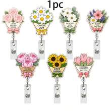 1pc Floral Inspirational Bouquet Acrylic Retractable Rotating Badge Reel ID Holder For Medical Professionals - Multicolor - View 11