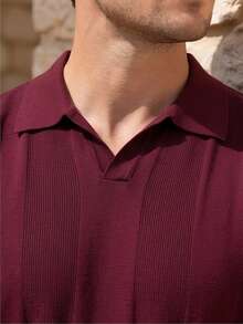 ALTZTAR Men's Turn-Down Collar Short Sleeve Knit Top - Burgundy - View 4
