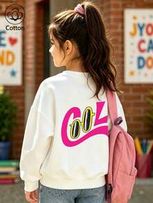 Girls' Cute Printed Drop-Shoulder Round-Neck Long-Sleeve Casual Sports Sweatshirt - White - View 1