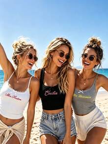 Personalized Custom Embroidered Text Lace Trim Ribbed Tank Top, Bridal Bachelorette Party Crop Cami, Custom Name Bridesmaid Top For Wedding Party Gift - Multicolor - View 6