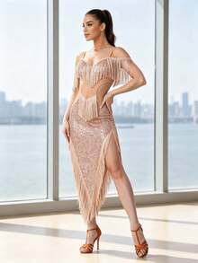 Kostum Pertunjukan Tari Latin Berhiaskan Payet dan Rumbai yang Dramatis, Kostum Pertunjukan Berumbai yang Mengalir dan Bergoyang, Cocok untuk Malam Salsa dan Malam Cha Cha, Pilihan Utama bagi Pecinta Salsa, Tersedia Berbagai Warna - MultiWarna - View 5