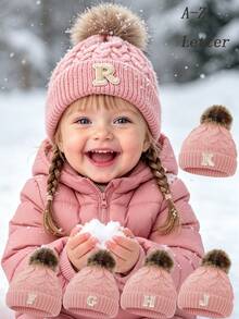 1PC Baby A-Z Letter Pink Knitted Hats Faux Fur Pom Pom Decor Cable Caps For Knit Baby Dome Hat Warm Hat Cold Weather Accessories - Pink - View 1