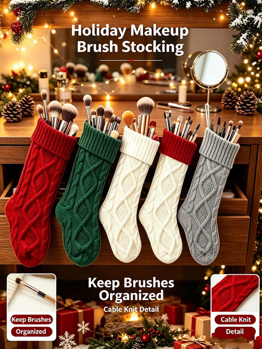 1pc Knitted Christmas Stocking With Classic Cable Knit Design And Hanging Loop, Spacious Interior For Small Gifts, Perfect For Holiday Home Decor, Multiple Colors Available - Multicolor - View 1