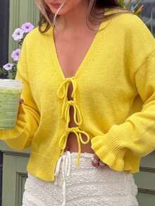 Autumn/Winter Y2K Style Women's Sweater, Yellow Knit Cardigan With 3D Bow Tie, V-Neck Design, Long Sleeve, Front Opening Fall - Yellow - View 2
