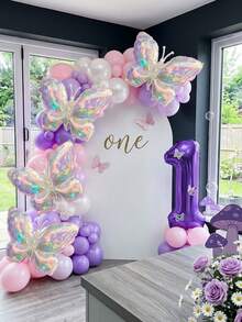 7pcs Butterfly Theme Birthday Party Decoration Balloon Set, 32-Inch Purple Number 0-9 Balloons, Colorful Butterfly Shaped Laser Balloons, 5pcs Butterfly Shaped Stickers (Random Style), Baby Shower, First Birthday, Baptism - View 5