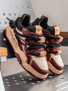 GAISIMA Men's Colorblock Patchwork Thick Lace Skateboard Shoes, Retro Street Style Splatter Print Thick Sole Sneakers, Suitable For Spring And Autumn Daily Outdoor Casual Couple Style - Red - View 2