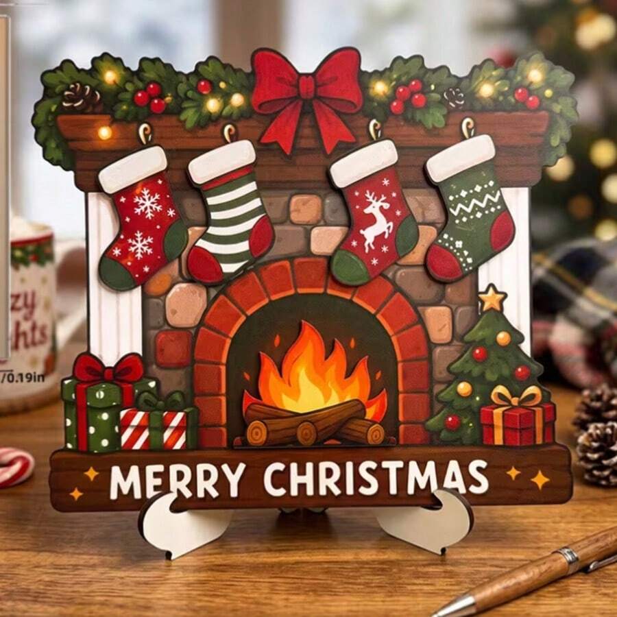 1pc New Christmas Fireplace Home Decor Desktop Ornament Christmas Sock Sign Wooden 2D Flat Craft - 1PC - View 1
