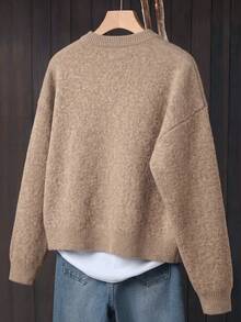 Cardigan Pullover Wanita Kasual Elegan Regular Fit Warna Polos Kancing Tunggal Lengan Panjang Leher Bulat Bahu Jatuh, Cocok untuk Kerja Kantor - Khaki - View 5