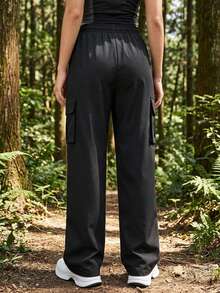 Women's Spring/Autumn Solid Color Multi-Pocket Cargo Pants, Straight Leg Zipper Outdoor Sports Long Pants Black - Black - View 4