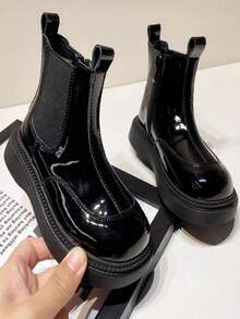 Toddler Shiny Chelsea Ankle Boots, Elastic Side Zipper, Thick Sole, Anti-Slip, Simple Fashion Boots - Black - View 4