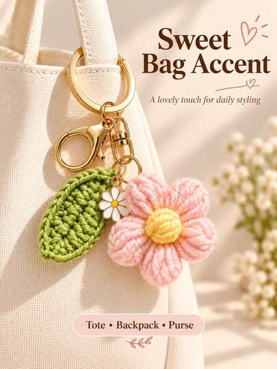 Handmade Crochet Velvet Ball With Green Leaf Keychain, Pink/Purple Cute Key Pendant, Plant Leaf Pattern, Cute And Elegant Style; Suitable For Parties, Work, Travel, Car Decor/Bag Charm, And Couples, Students, Gothic Style Enthusiasts, Millennials And More; Perfect For Valentine's Day, Christmas, Mother's Day, Father's Day, Graduation Season, Teacher's Day And Other Occasions, Christmas, Halloween, Thanksgiving Gifts