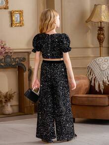 Tween Girl Black Sequin Tulle Party Dress 2-Piece Set, Suitable For Important Occasions, Holidays, Birthday Parties - Black - View 4