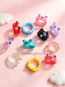 10pcs/Set Sweet & Cute Colorful Animal Resin Rings, Suitable For Children, Frog, Kitten, Teddy Bear Styles, Perfect For Daily Wear, Party, Vacation, Gift Jewelry Accessories - 10pcs Frog Resin Rings - View 5