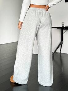 Xana Plus Size Casual Drawstring Waist Loose Straight Leg Knit Pants Fall - Light Grey - View 3