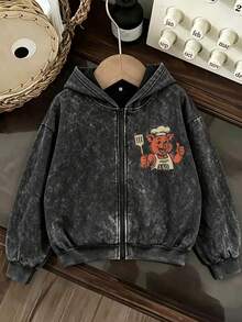 [Simple]Men's Retro Distressed Texture Washed Zip-Up Hooded Sweatshirt, Machine Washable Fabric, Printed Sweatshirt, Autumn/Winter Apparel - Black - View 3