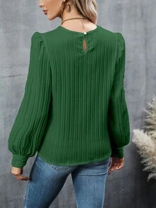 White Tops Fall Clothes For Women Textured Stripe Round Neck Bishop Long Sleeve Blouses - Dark Green - View 4