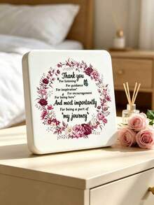 Square Rounded White Textured Thanksgiving Theme Desktop Decor, Burgundy Rose Wreath Surrounding English "Thank You" Heartwarming Gratitude Quote, Blue Butterfly Accented Decorative Pattern, Home Desktop Display Craft, Desk, Vanity, Bedside Table, Shelf, Windowsill Surface Placement Decoration, Thoughtful Gift For Teachers, Mentors, Colleagues, Elders, Heartwarming Commemorative Gift - A - View 7