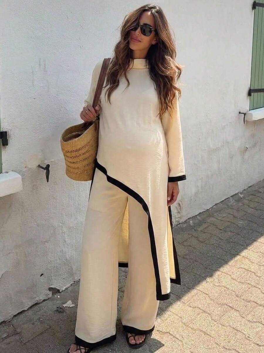 Bump Style Maternity 2-Piece Outfit Beige: Non-Stretch Long Sleeve Top & Wide Leg Pants With Contrast Trim - Apricot - View 1