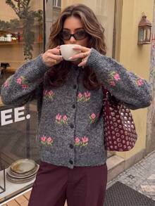 Women's Cute Floral Button Front Cardigan, Soft Fuzzy Short Sweater Suitable For Coffee Dates, Weekends And Christmas Outfits - Black - View 4