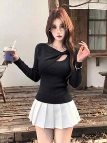 Autumn/Winter New French Sweet Style Women's Solid Color Knitted Base Layer Slim Fit Sweater - Black - View 2