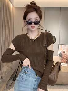1pc Women's Slim Fit Long Sleeve Knit Top, Cutout Sleeve Design, Autumn/Winter Inner Layer Base Layer - Coffee Brown - View 1
