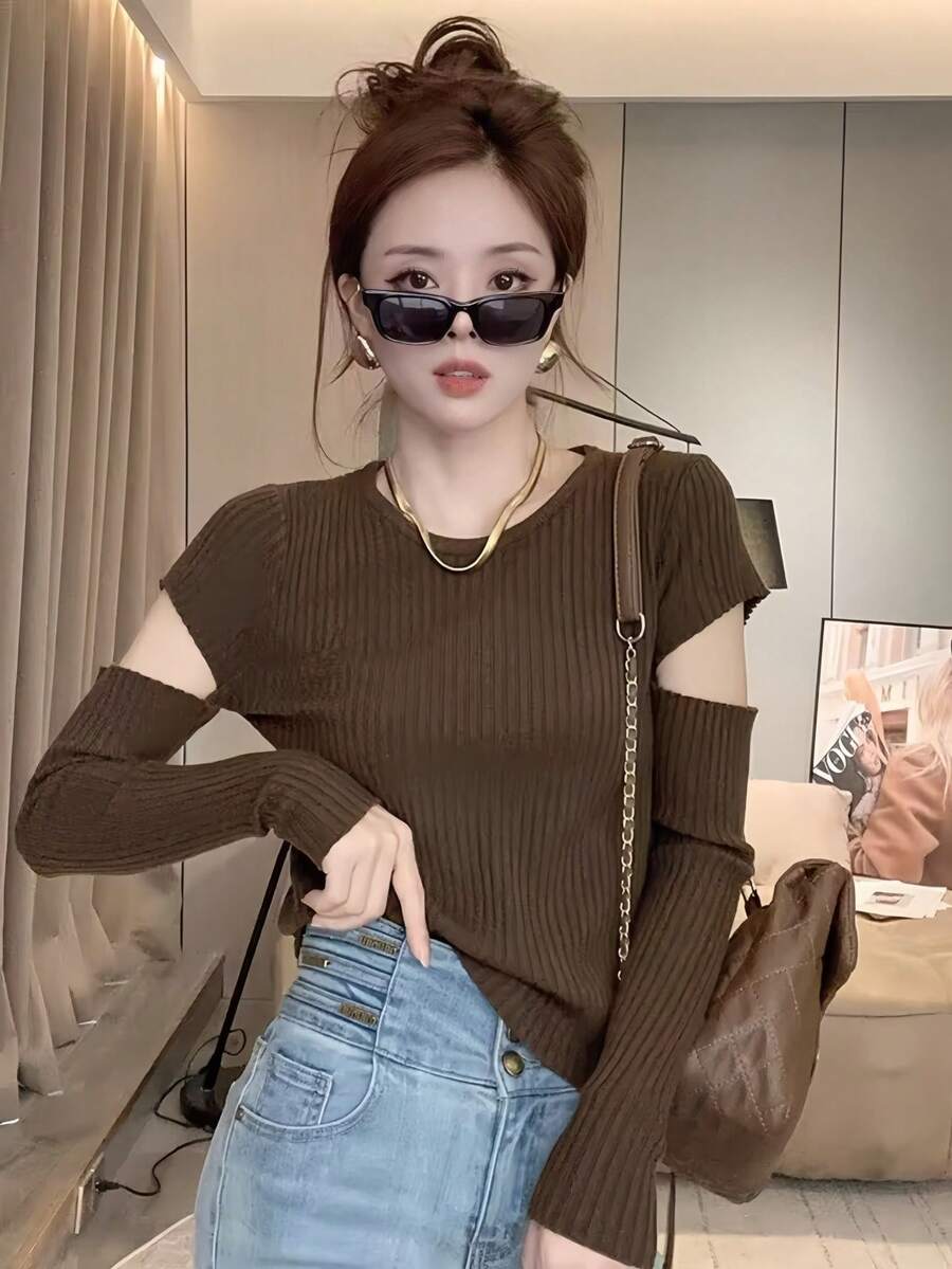 1pc Women's Slim Fit Long Sleeve Knit Top, Cutout Sleeve Design, Autumn/Winter Inner Layer Base Layer - Coffee Brown - View 1