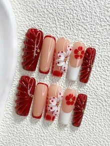 10件/組 秋季甜美優雅手工穿戴甲，Polygel美甲套組，花卉紅白色，浪漫優雅風，3種尺寸可選，杏仁/鴨嘴/棺材形，適合派對、跳舞、日常配戴（手工細節可能有所不同） - 彩色 - 查看 20
