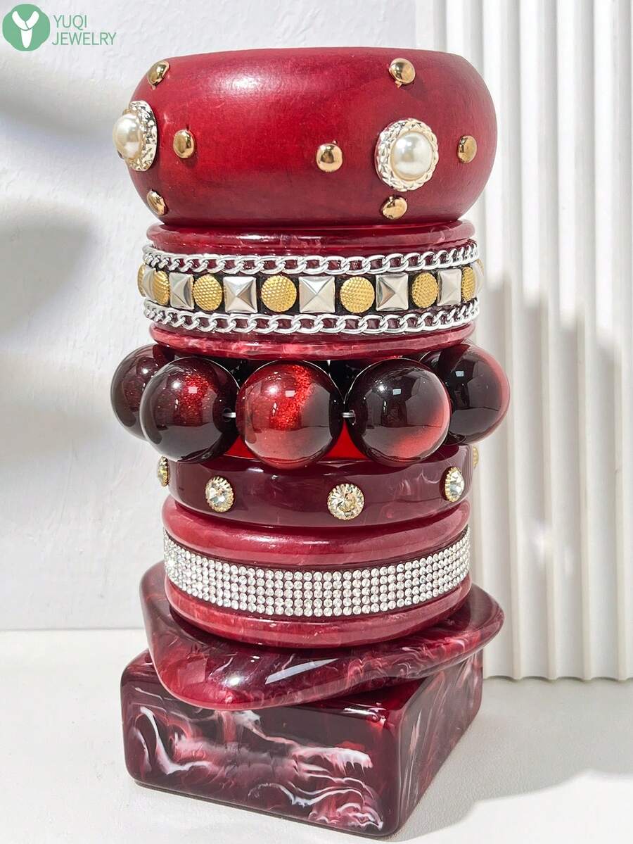 Vintage Luxury Burgundy Swirl Resin Bracelet, Colorful Crystal Decorated Glossy Resin Wide Bangle, Inlaid With Multicolored Round Rhinestones, Elegant Handmade Jewelry, Suitable For Daily Wear, Dates, Weddings And Formal Parties - Multicolor B - View 1