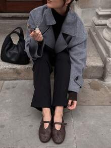 Women's Fashion Gray Short Coat, Lapel Design, Long Raglan Sleeves, Regular Fit, Winter Fashion Outerwear - Grey - View 4
