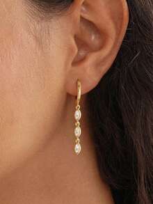 Women's Gold Tone Huggie Hoop Earrings,3 Marquise Cut CZ Pendant, Delicate Linked CZ Drop Dangle Earrings, Elegant Accessory For Date ,Daily, Wedding - Gold - View 2