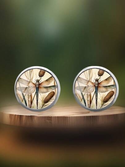 YUJUGLOW 1 Pair Cartoon Elegant Flower Dragonfly Pattern 316 Stainless Steel Round Stud Earrings Suitable For Women's Daily Wear