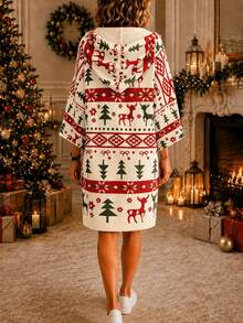 Christmas Tree Random Print Knitted Fabric Casual Elegant Commute Hooded Sweater Dress - Multicolor - View 4