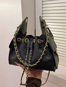 Shoulder Bag, Quilted Body Design, Leather Chain Strap, Adjustable Metal Hardware On Opening. Soft Body Contour, Generous Capacity, Exquisite Style, Versatile For Various Outfits, Perfect For Daily Use. - Black - View 5
