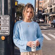 Women's Light Blue Cable Knit Short Pullover Sweater, Long Sleeve Regular Hem Winter Top - Blue - View 1