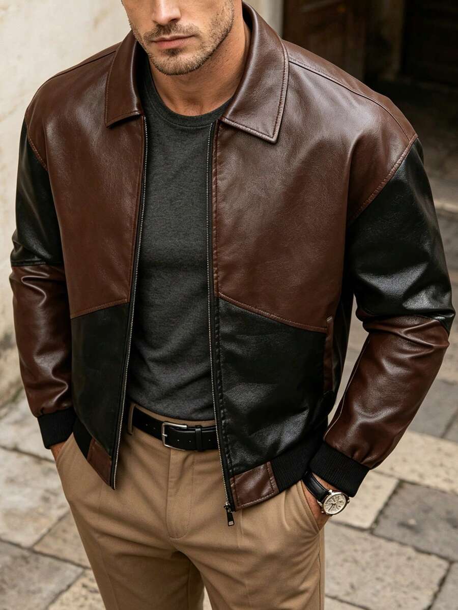 Men's Spring/Autumn Fashion Casual Daily Wear Fitted Lapel PU Leather Jacket - Brown - View 1