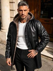 Men's Winter Hooded Mid-Length Casual Leather Padded Coat, Suitable For Daily Commute And Travel - Black - View 1